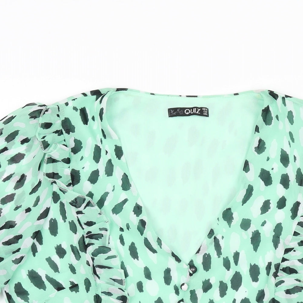 Quiz Womens Green Geometric Polyester Basic Blouse Size 10 V-Neck