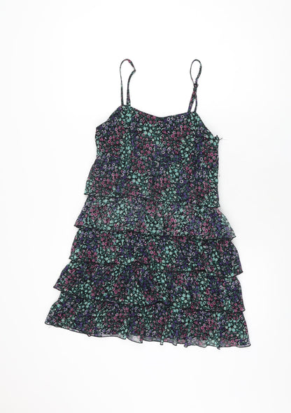H&M Womens Black Floral Polyester Mini Size 10 Square Neck Zip