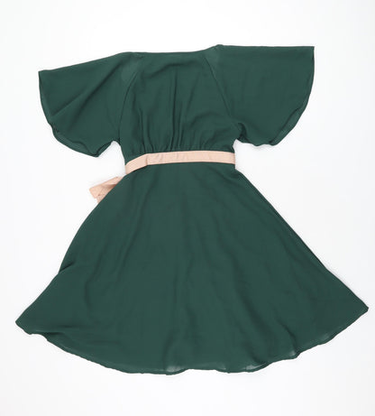 H&M Womens Green Polyester Wrap Dress Size 4 V-Neck Tie