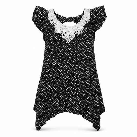 Front view of Red Herring women’s black geometric viscose basic t-shirt, size UK 8, v-neck - heart print