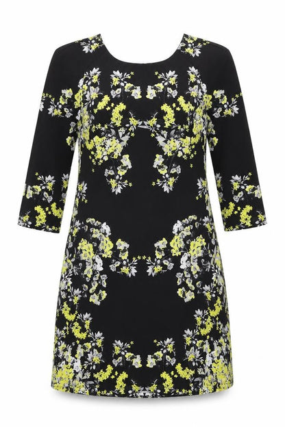 Warehouse Womens Black Floral Polyester Shift Size 8 Round Neck Zip