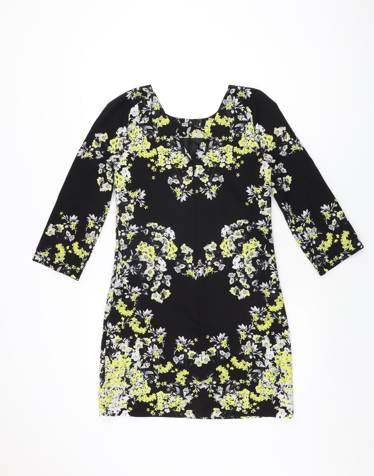 Warehouse Womens Black Floral Polyester Shift Size 8 Round Neck Zip