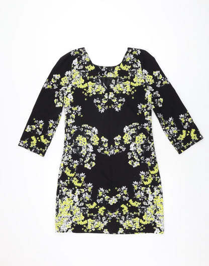 Warehouse Womens Black Floral Polyester Shift Size 8 Round Neck Zip