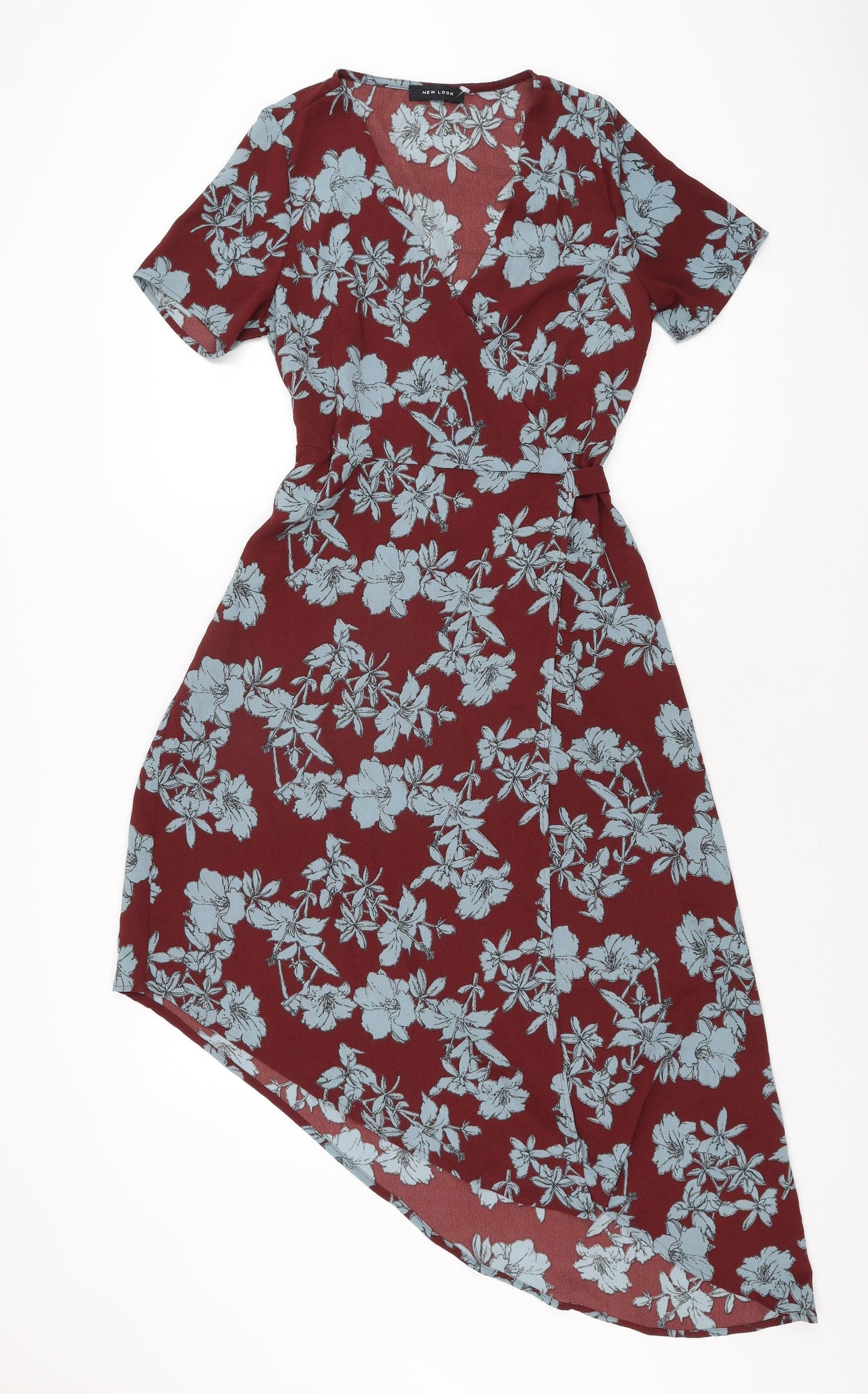 New Look Womens Red Floral Polyester Wrap Dress Size 8 V-Neck Tie