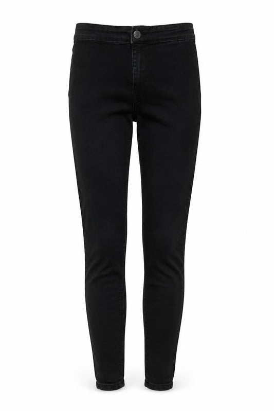 Front view of Denim & Co. women’s black cotton jegging jeans, size UK 10, 27-inch leg regular button
