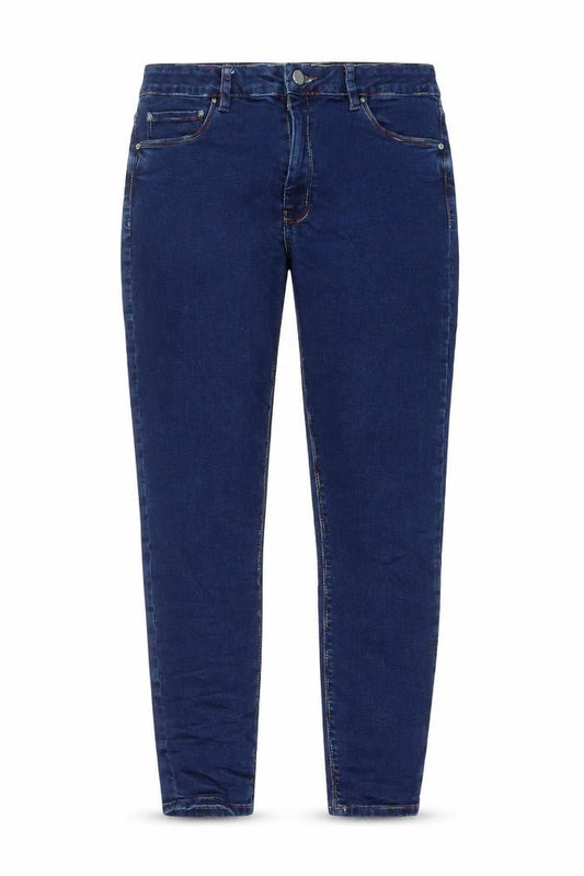 Front view of ASOS women’s blue cotton skinny jeans, size UK 32, in, 25-inch leg regular button