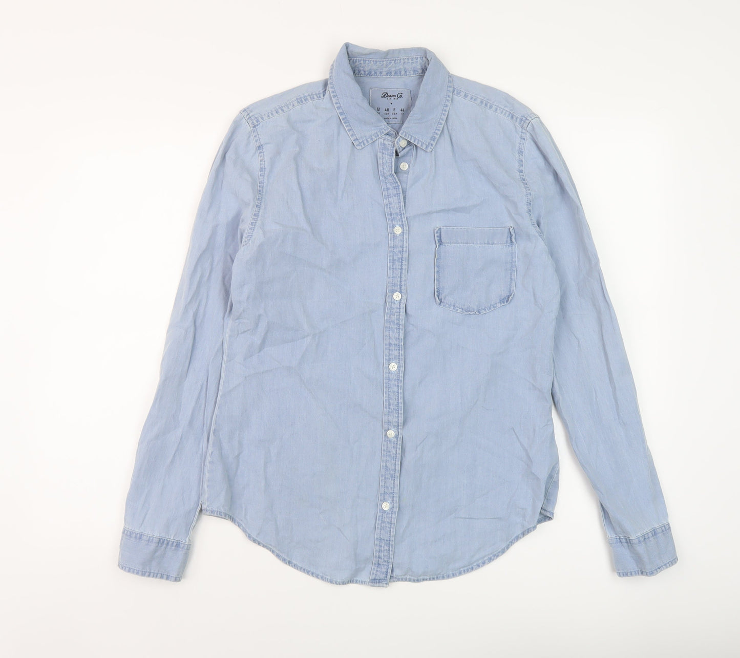 Denim & Co. Womens Blue Cotton Basic Button-Up Size 12 Collared