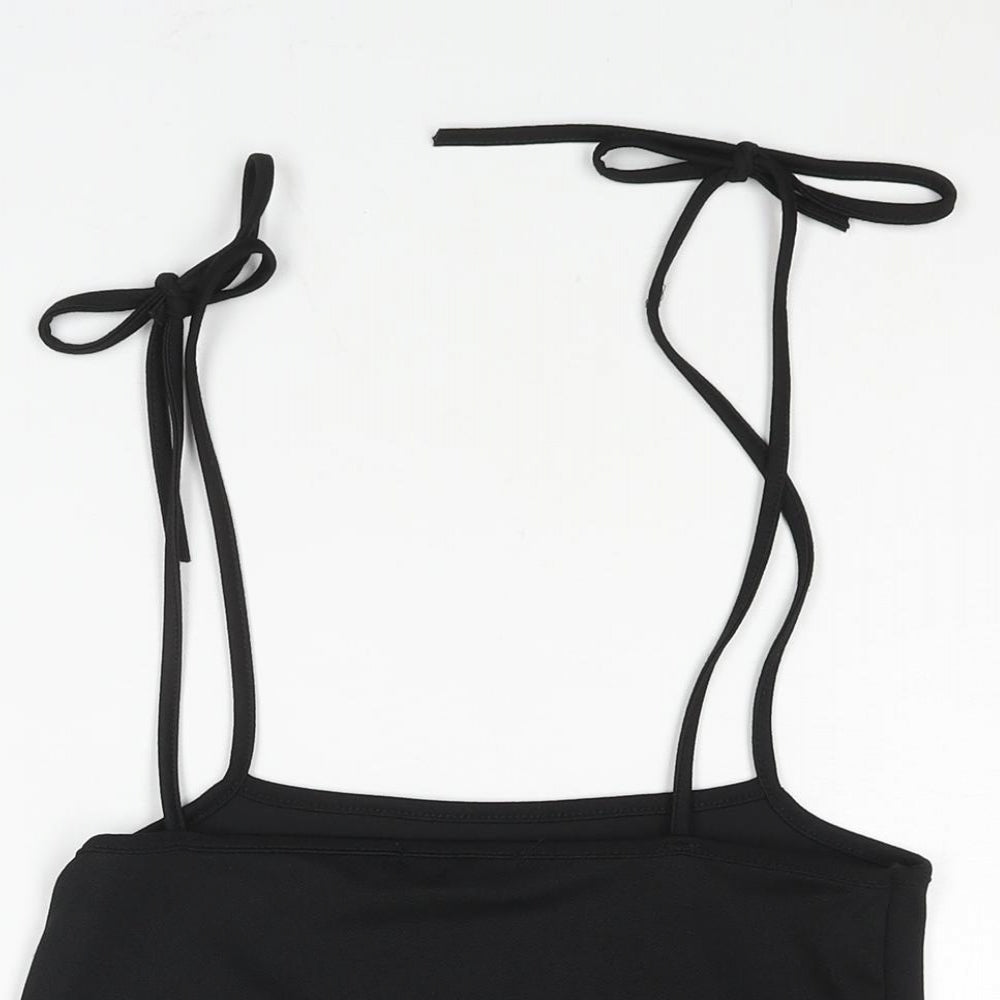 PRETTYLITTLETHING Womens Black Polyester Pinafore/Dungaree Dress Size 6 Square Neck Tie