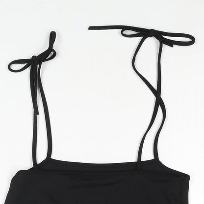 PRETTYLITTLETHING Womens Black Polyester Pinafore/Dungaree Dress Size 6 Square Neck Tie