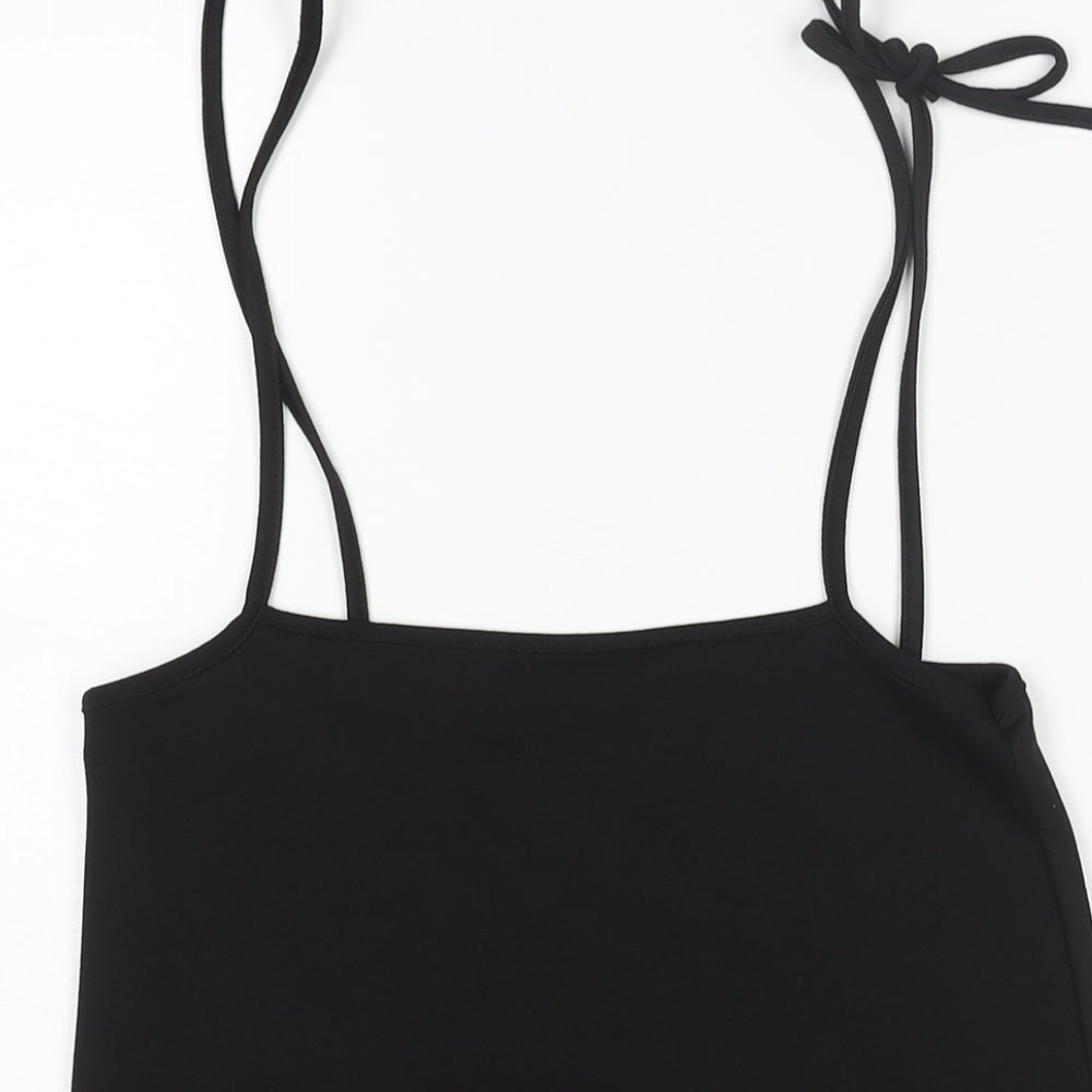 PRETTYLITTLETHING Womens Black Polyester Pinafore/Dungaree Dress Size 6 Square Neck Tie