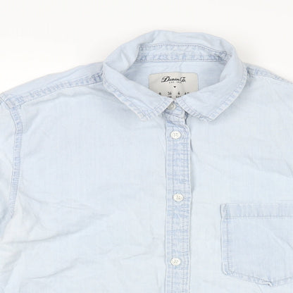 Denim & Co. Womens Blue Cotton Basic Button-Up Size 8 Collared