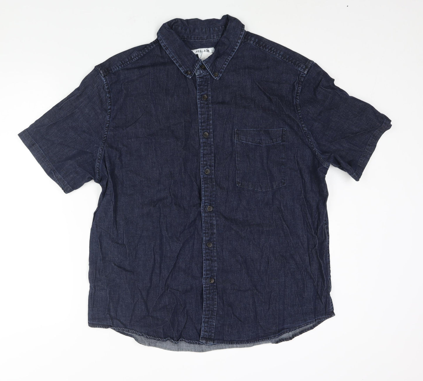 Hellada Mens Blue Cotton Button-Up Size XL Collared Button