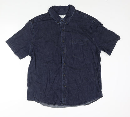 Hellada Mens Blue Cotton Button-Up Size XL Collared Button