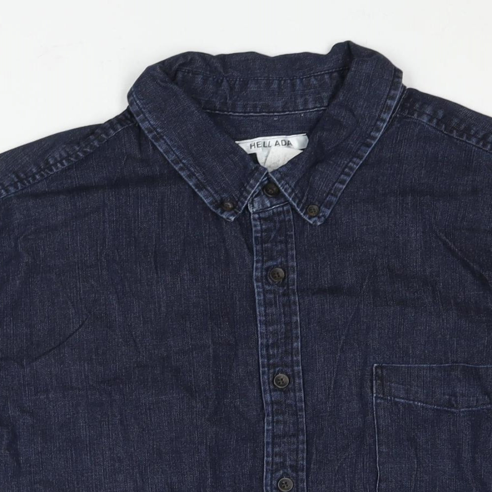 Hellada Mens Blue Cotton Button-Up Size XL Collared Button