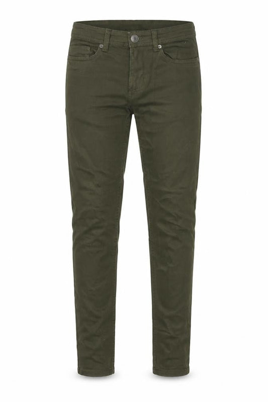 Front view of Denim & Co. men’s green cotton skinny jeans, size 28, in, 32-inch leg regular zip