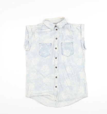 Denim & Co. Womens Blue Geometric Cotton Basic Button-Up Size 8 Collared