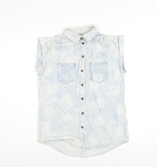 Denim & Co. Womens Blue Geometric Cotton Basic Button-Up Size 8 Collared