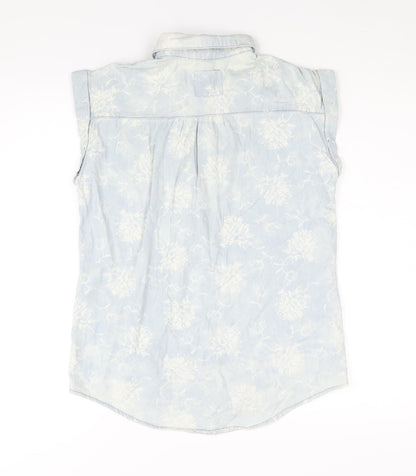 Denim & Co. Womens Blue Geometric Cotton Basic Button-Up Size 8 Collared