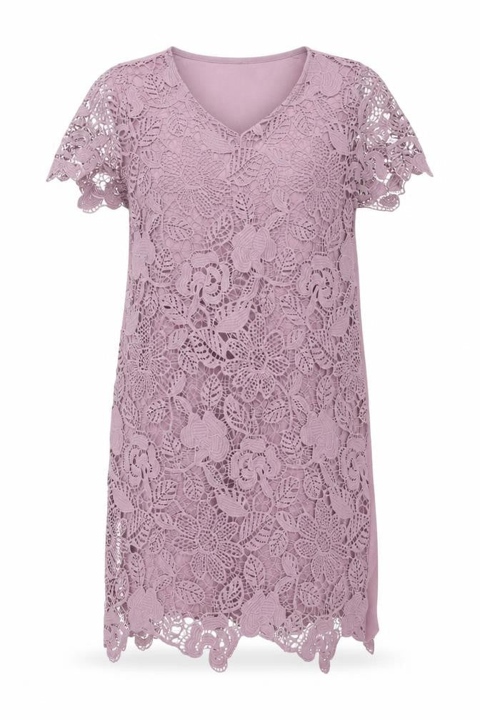 Front view of Club London women’s purple polyester shift, size UK 12, round neck pullover - lace front