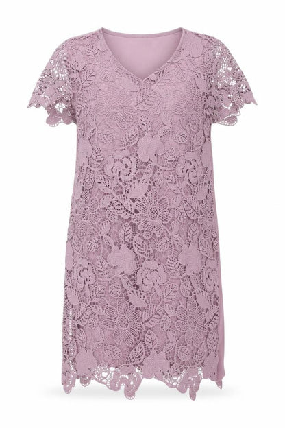 Front view of Club London women’s purple polyester shift, size UK 12, round neck pullover - lace front