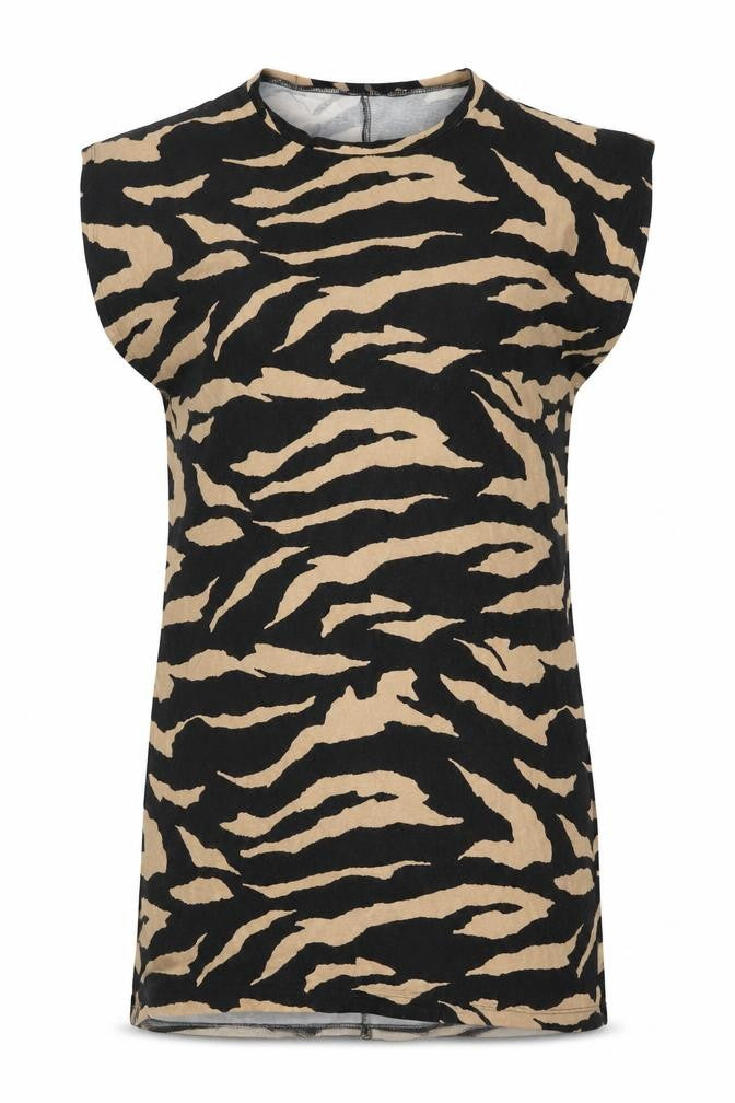 Front view of ASOS women’s black animal print cotton t-shirt dress, size UK 6, crew neck pullover - tiger print