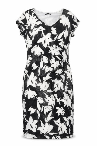 Roman Womens Black Floral Polyester Shift Size 12 V-Neck Pullover - Rouched