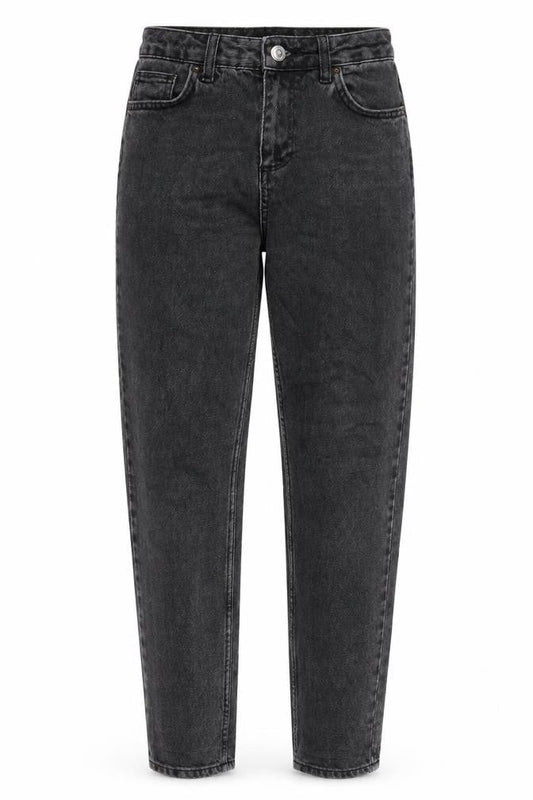 Front view of BDG women’s grey cotton mom jeans, size UK 26, in, 32-inch leg regular zip