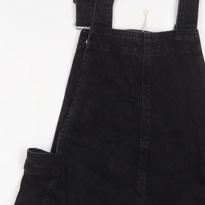 Mango Womens Black Cotton Pinafore/Dungaree Dress Size 8 Square Neck Button