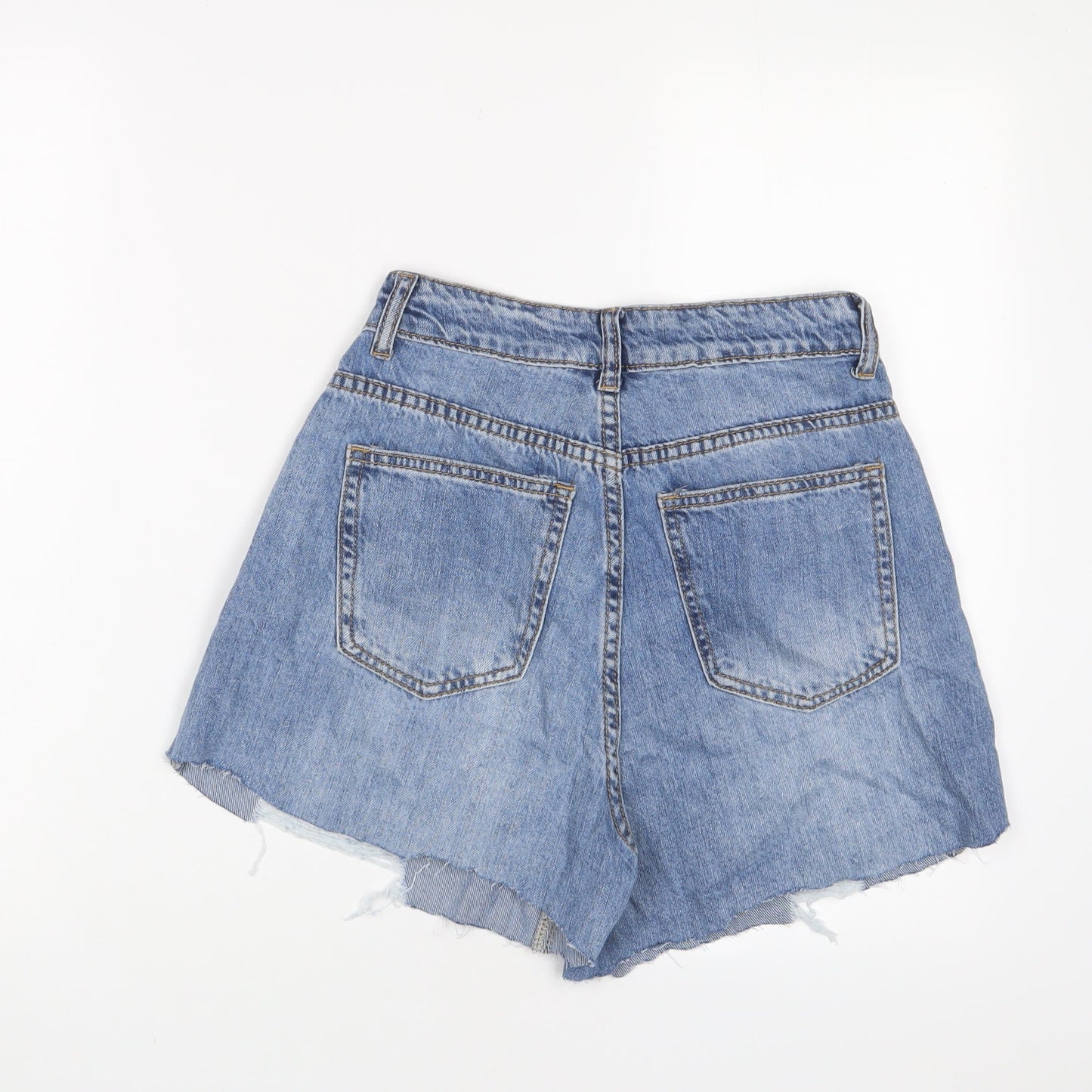 PRETTYLITTLETHING Womens Blue Cotton Boyfriend Shorts Size 6 L4 in Regular Zip - Distressed
