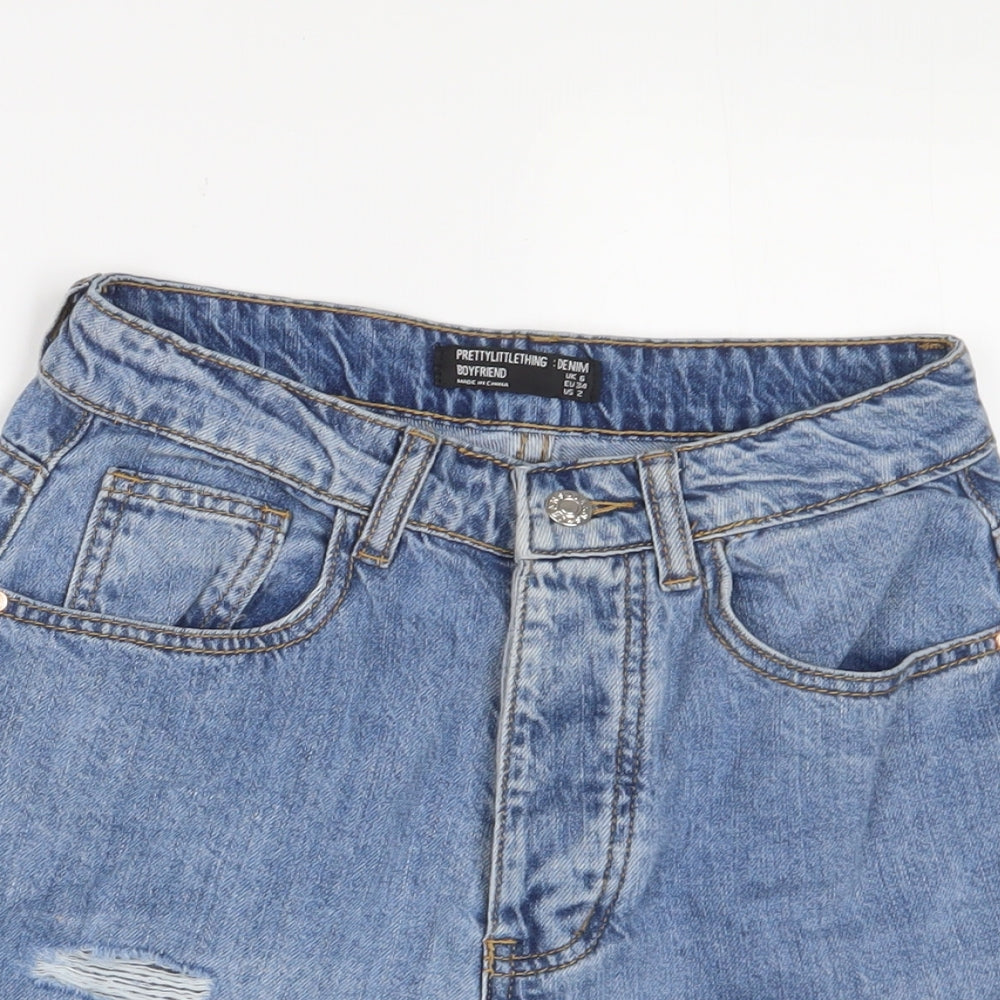 PRETTYLITTLETHING Womens Blue Cotton Boyfriend Shorts Size 6 L4 in Regular Zip - Distressed