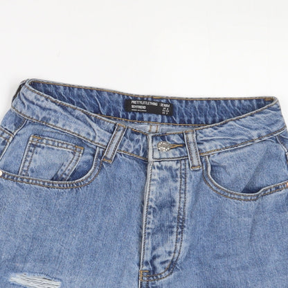 PRETTYLITTLETHING Womens Blue Cotton Boyfriend Shorts Size 6 L4 in Regular Zip - Distressed