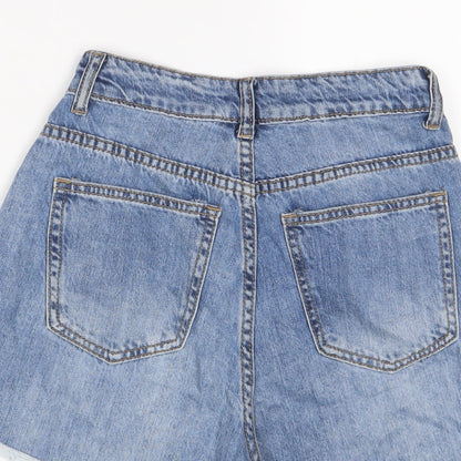 PRETTYLITTLETHING Womens Blue Cotton Boyfriend Shorts Size 6 L4 in Regular Zip - Distressed