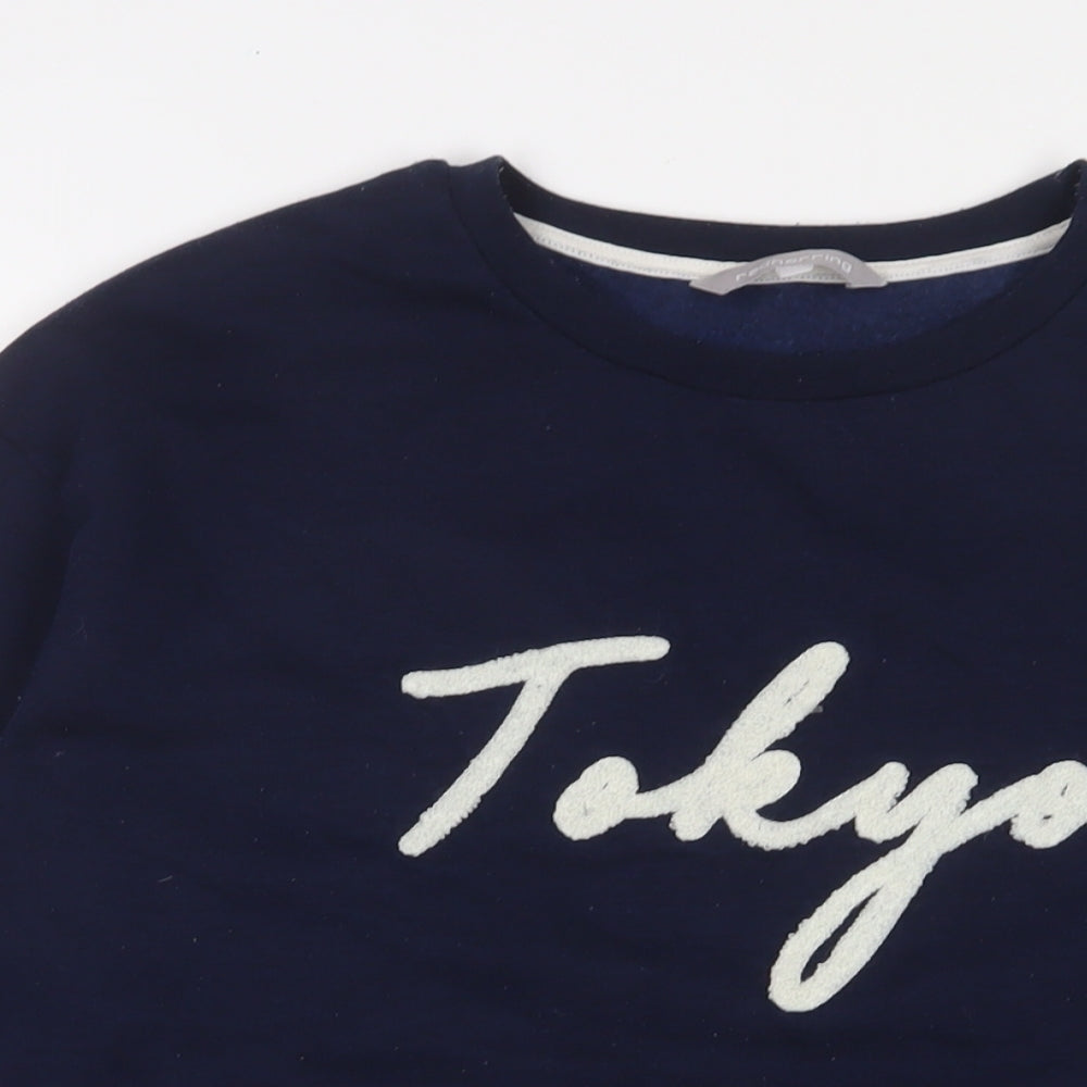 Close-up detail of Red Herring women’s blue cotton pullover sweatshirt, size UK 12, pullover - tokyo