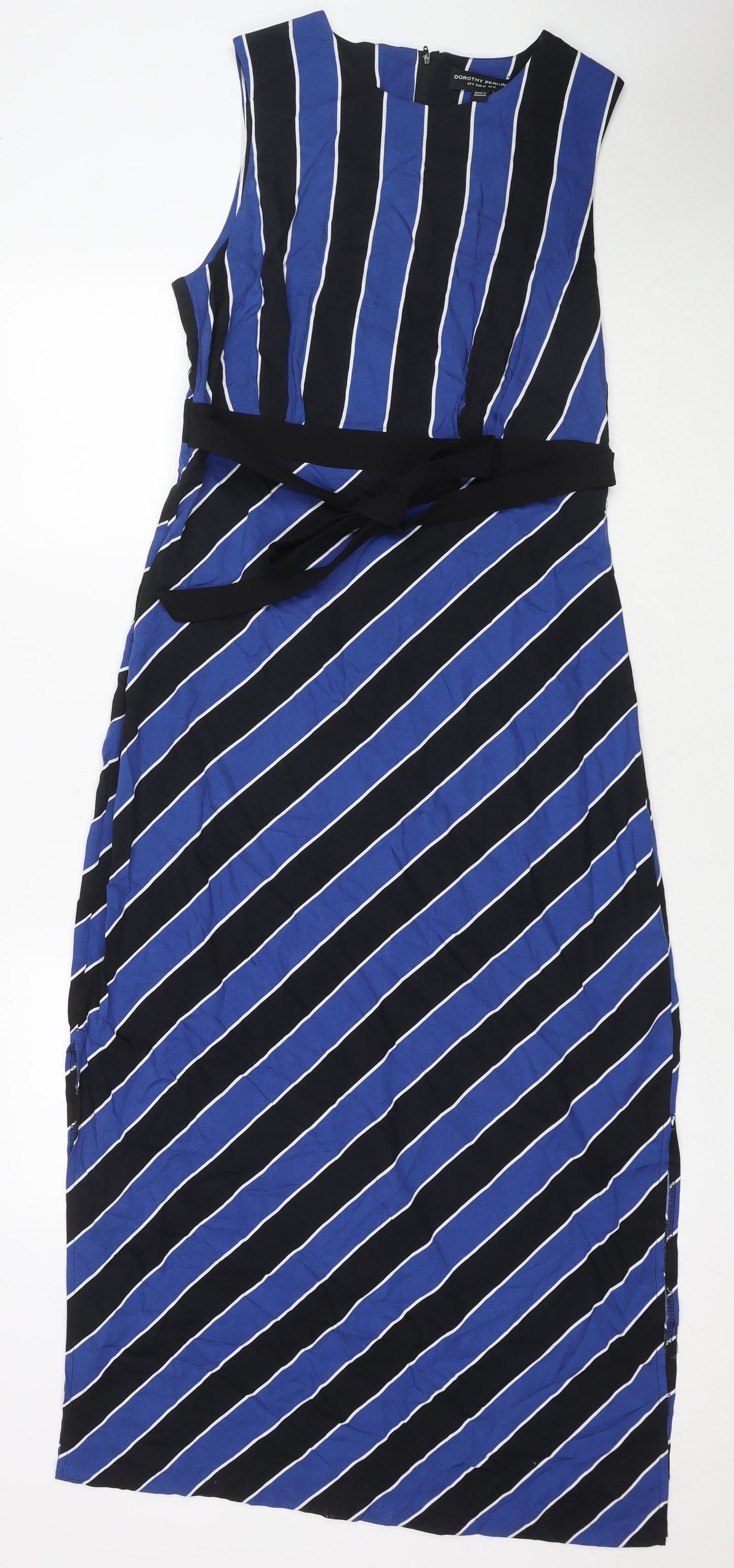 Dorothy Perkins Womens Blue Striped Polyester Maxi Size 12 Round Neck Zip - Side Slit(s)