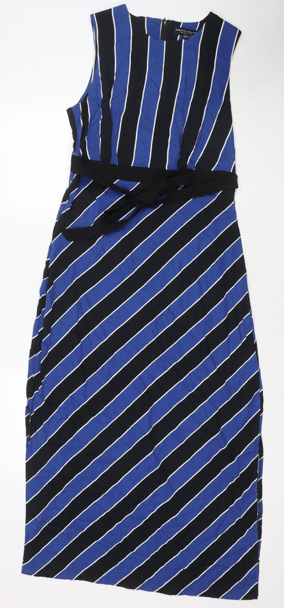 Dorothy Perkins Womens Blue Striped Polyester Maxi Size 12 Round Neck Zip - Side Slit(s)