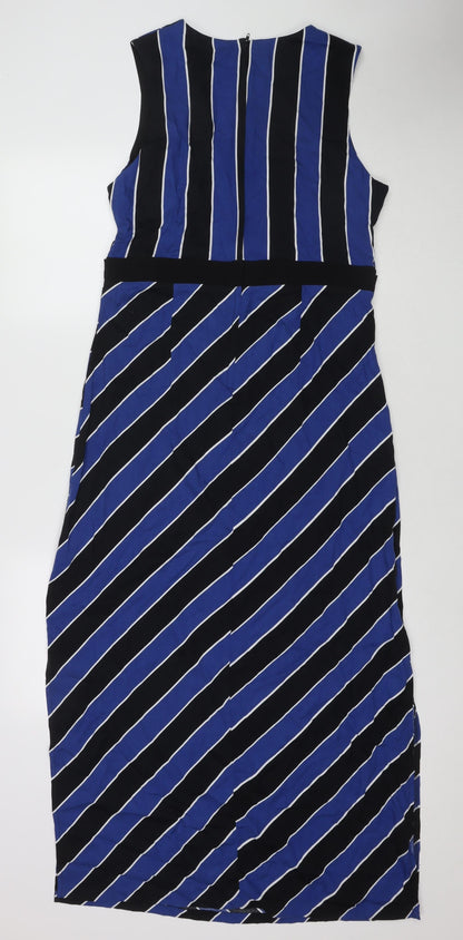 Dorothy Perkins Womens Blue Striped Polyester Maxi Size 12 Round Neck Zip - Side Slit(s)