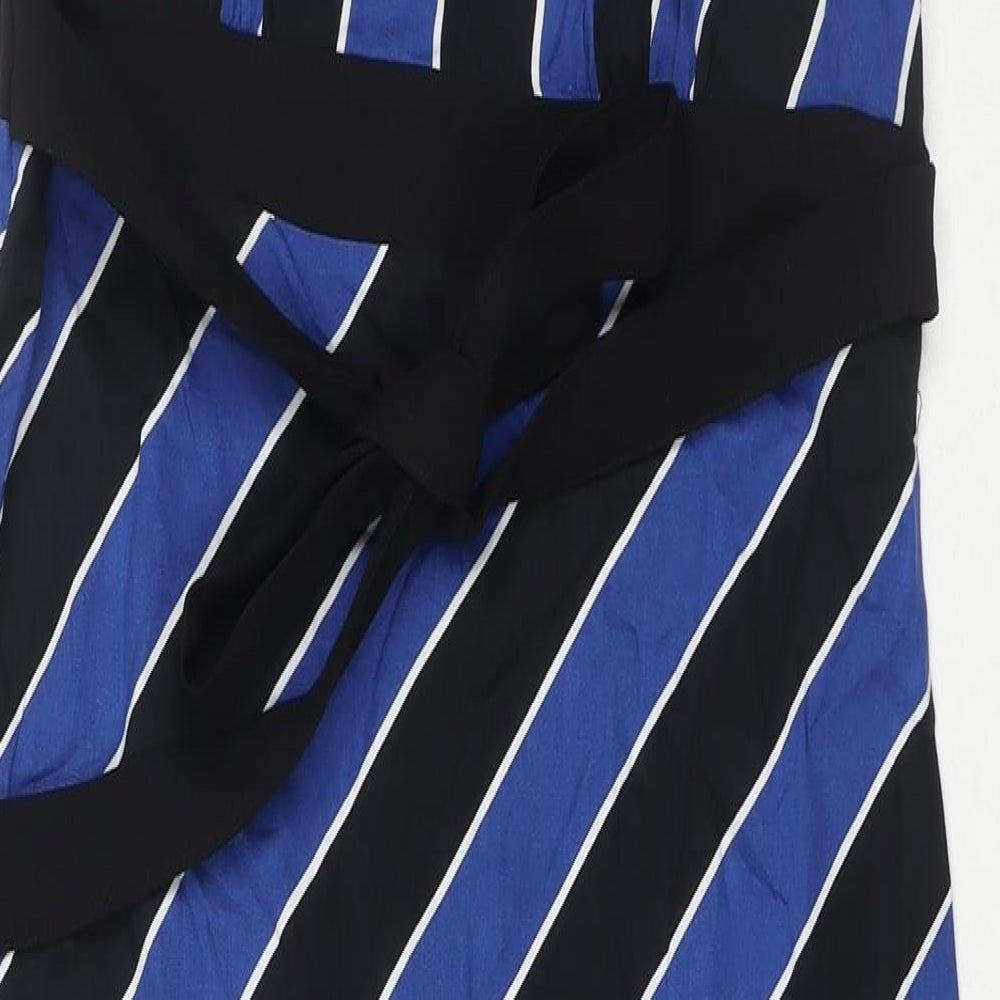 Dorothy Perkins Womens Blue Striped Polyester Maxi Size 12 Round Neck Zip - Side Slit(s)