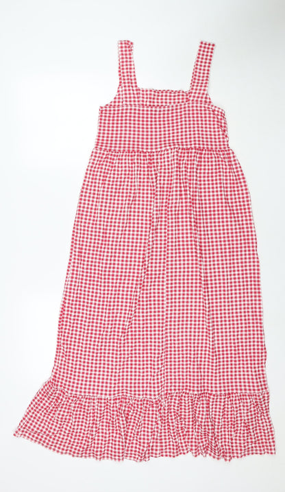 Boohoo Womens Red Check Viscose Maxi Size 8 Square Neck Pullover