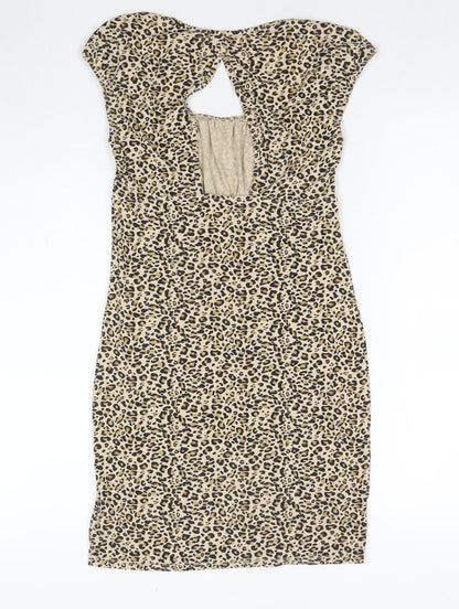 Topshop Womens Brown Animal Print Viscose Mini Size 8 Square Neck Pullover