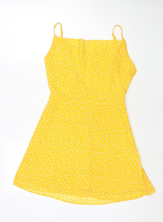 Divided by H&M Womens Yellow Floral Polyester Fit & Flare Size 12 Cowl Neck Zip