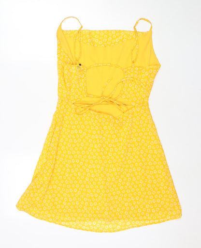 Divided by H&M Womens Yellow Floral Polyester Fit & Flare Size 12 Cowl Neck Zip