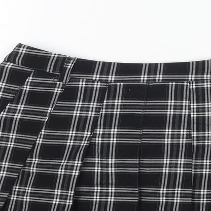 Shufeng Womens Black Check Polyester Pleated Skirt Size M Zip