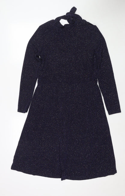 Warehouse Womens Blue Nylon Fit & Flare Size 14 Mock Neck Tie - Glitter Detail