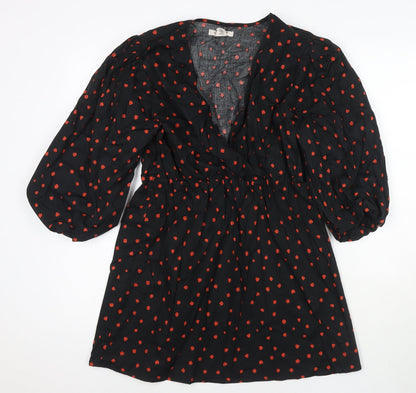 Glamours Womens Black Polka Dot Cotton Fit & Flare Size 12 V-Neck Pullover
