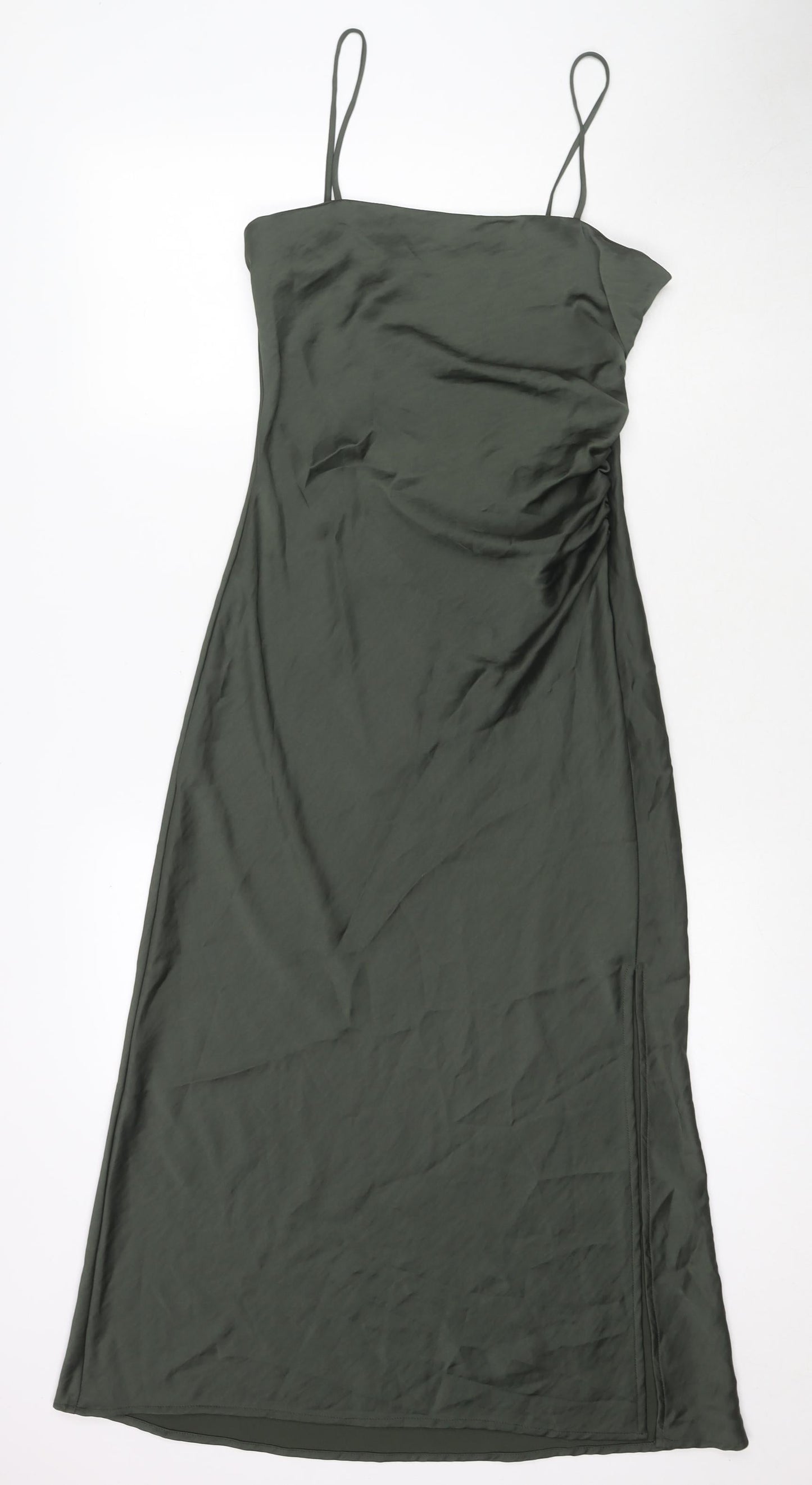 Zara Womens Green Polyester Slip Dress Size S Cowl Neck Zip - Side Slit(s)
