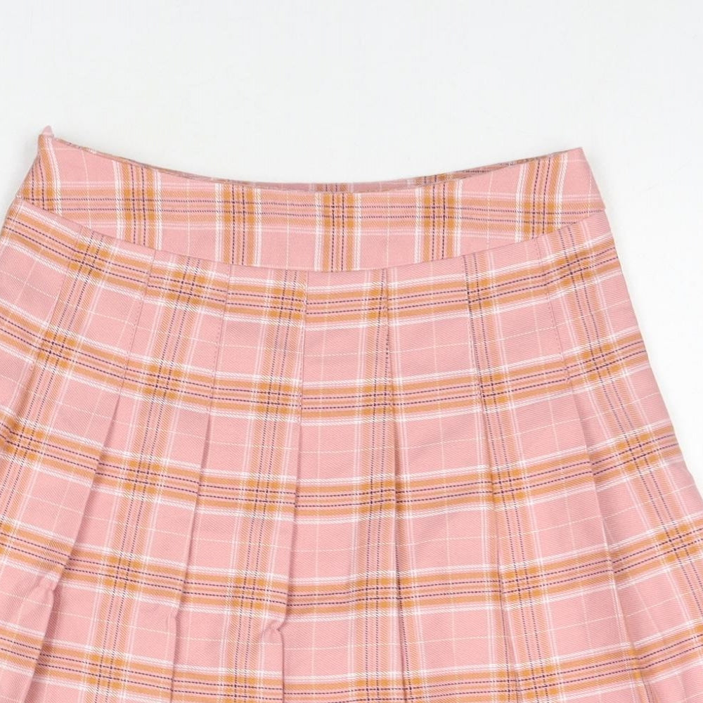Fashion Womens Pink Check Polyester Pleated Skirt Size XS Zip