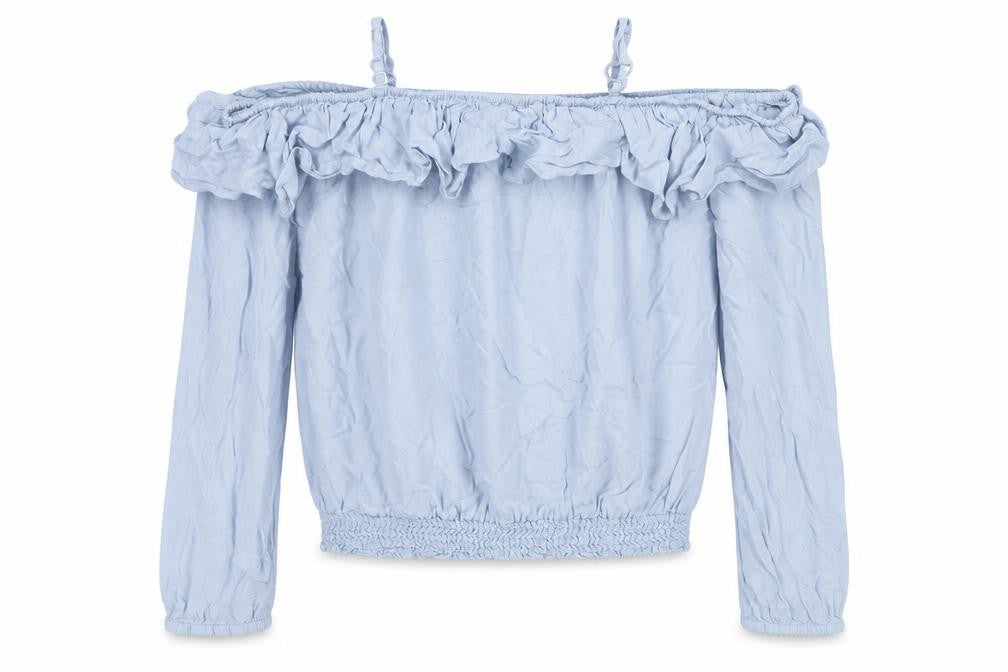 Front view of H&M girls’ blue viscose basic t-shirt, size 11, years off the shoulder pullover