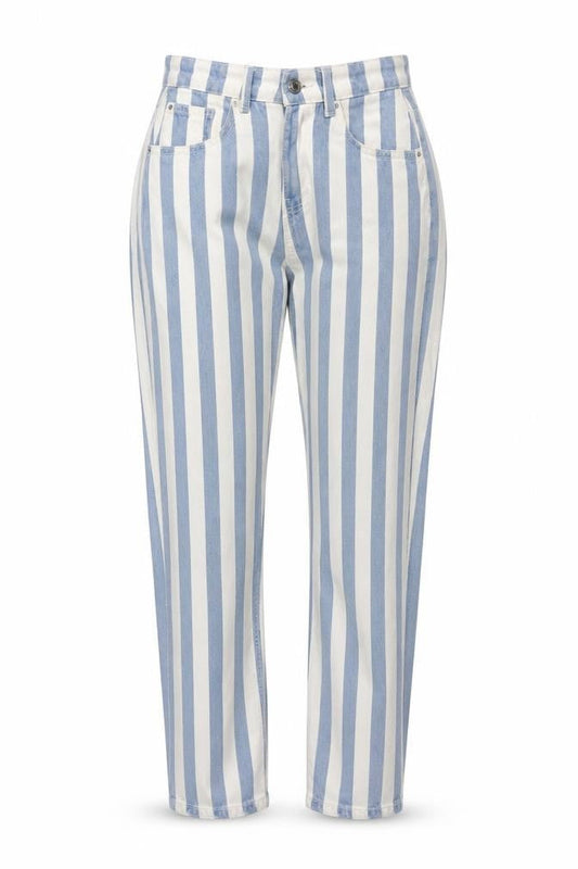 Front view of Denim & Co. women’s blue striped cotton straight jeans, size UK 8, 29-inch leg regular zip