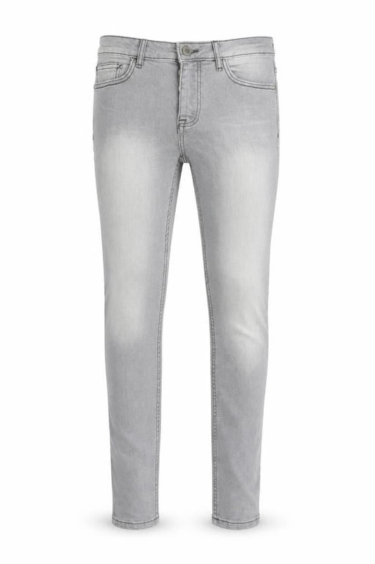 Front view of Denim & Co. men’s grey cotton skinny jeans, size 28, in, 32-inch leg regular zip