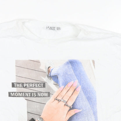 Larita Womens White Polyester Basic T-Shirt Size M Round Neck - Jeweled Detail Fashion Nails Lady